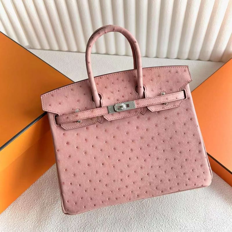 BIRKIN OSTRICH CC94 DUSKY PINK SILVER HARDWARE 25CM FULL HANDMADE PHW