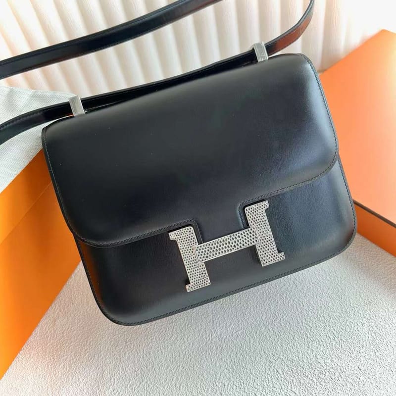 CONSTANCE BOX CK89 BLACK LIZARD BUCKLE SILVER HARDWARE 24CM FULL HANDMADE PHW