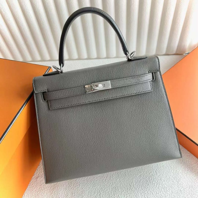 Kelly 25cm Chevre 8f Tinware Grey Silver Hardware Full Handmade Phw