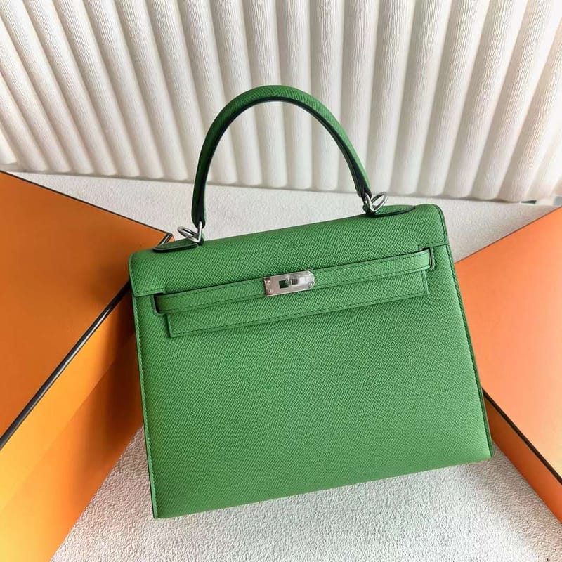 Kelly 25cm Epsom A8 Grass Green Silver Hardware Full Handmade Phw