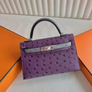 MINI KELLY 19CM 96 VIOLET & CK82 GRIS AGATE OSTRICH VIOLET SILVER HARDWARE  FULL HANDMADE PHW