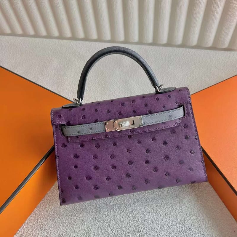 MINI KELLY 19CM 96 VIOLET & CK82 GRIS AGATE OSTRICH VIOLET SILVER HARDWARE  FULL HANDMADE PHW