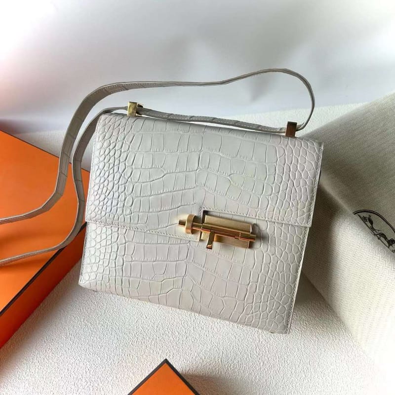 VERROU MATTE ALLIGATOR CROCODILE 8L CREAM WHITE GOLD HARDWARE 21CM FULL HANDMADE GHW