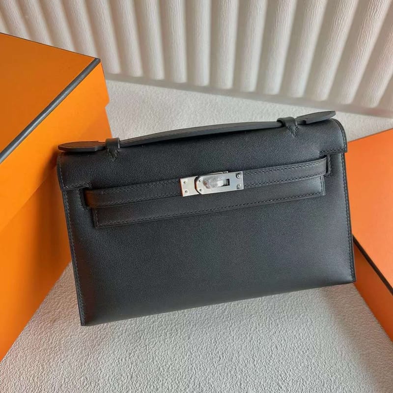 KELLY POCHETTE SWIFT CK89 BLACK SILVER HARDWARE 22CM FULL HANDMADE PHW