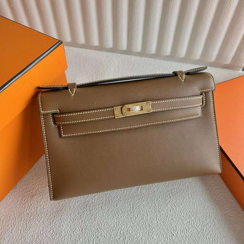 MINI KELLY POCHETTE SWIFT D0 CHESTNUT BROWN & 9R LEMON YELLOW GOLD HARDWARE 22CM FULL HANDMADE GHW