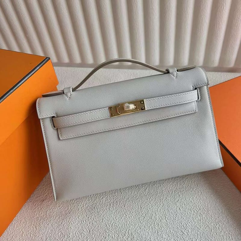 Kelly Pochette Swift Ck80 Pearl Grey Gold Hardware 22cm Full Handmade Ghw
