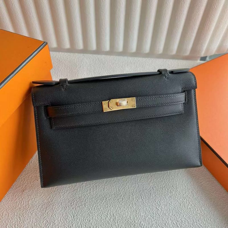MINI KELLY POCHETTE SWIFT CK89 BLACK GOLD HARDWARE GHW 22CM FULL HANDMADE
