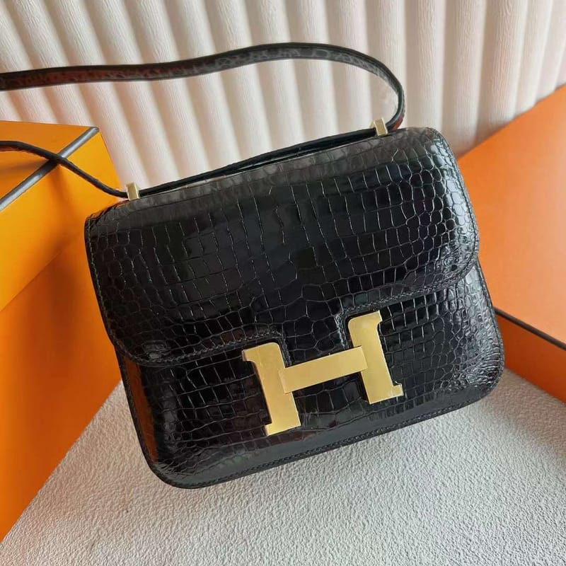 CONSTANCE SHINY ALLIGATOR CROCODILE CK89 BLACK GOLD HARDWARE 18CM FULL HANDMADE GHW
