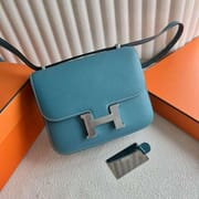 CONSTANCE EPSOM D2 NEW DENIM BLUE SILVER HARDWARE 18CM FULL HANDMADE GHW