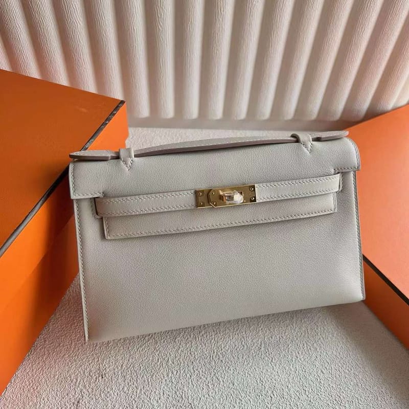 MINI KELLY POCHETTE SWIFT 8L ICE WHITE GOLD HARDWARE 22CM FULL HANDMADE GHW