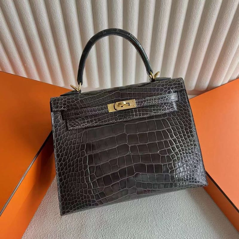 KELLY SHINY ALLIGATOR CROCODILE CK88 GRAPHITE GREY GOLD HARDWARE 25CM FULL HANDMADE GHW