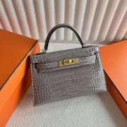 MINI KELLY SHINY ALLIGATOR CROCODILE M8 GREY GOLD HARDWARE 19CM FULL HANDMADE GHW