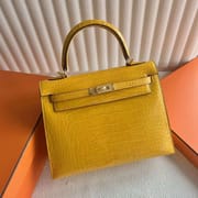 KELLY SHINY ALLIGATOR CROCODILE 9D AMBER YELLOW GOLD HARDWARE 25CM FULL HANDMADE GHW
