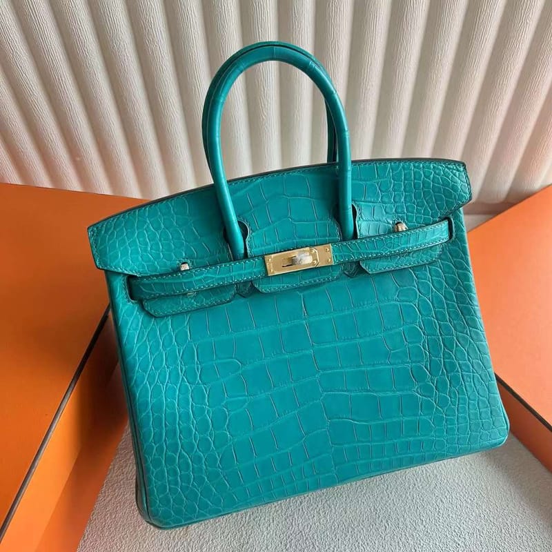 BIRKIN MATTE ALLIGATOR CROCODILE 7F PEACOCK BLUE GOLD HARDWARE 25CM FULL HANDMADE GHW