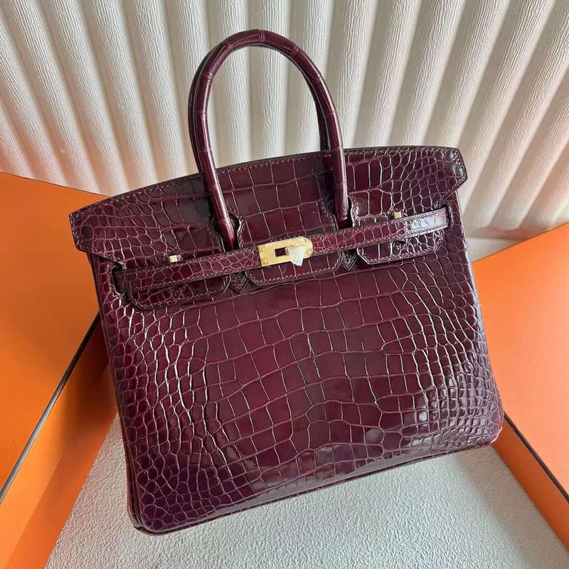 BIRKIN SHINY ALLIGATOR CROCODILE F5 BORDEAUX RED GOLD HARDWARE 25CM FULL HANDMADE GHW