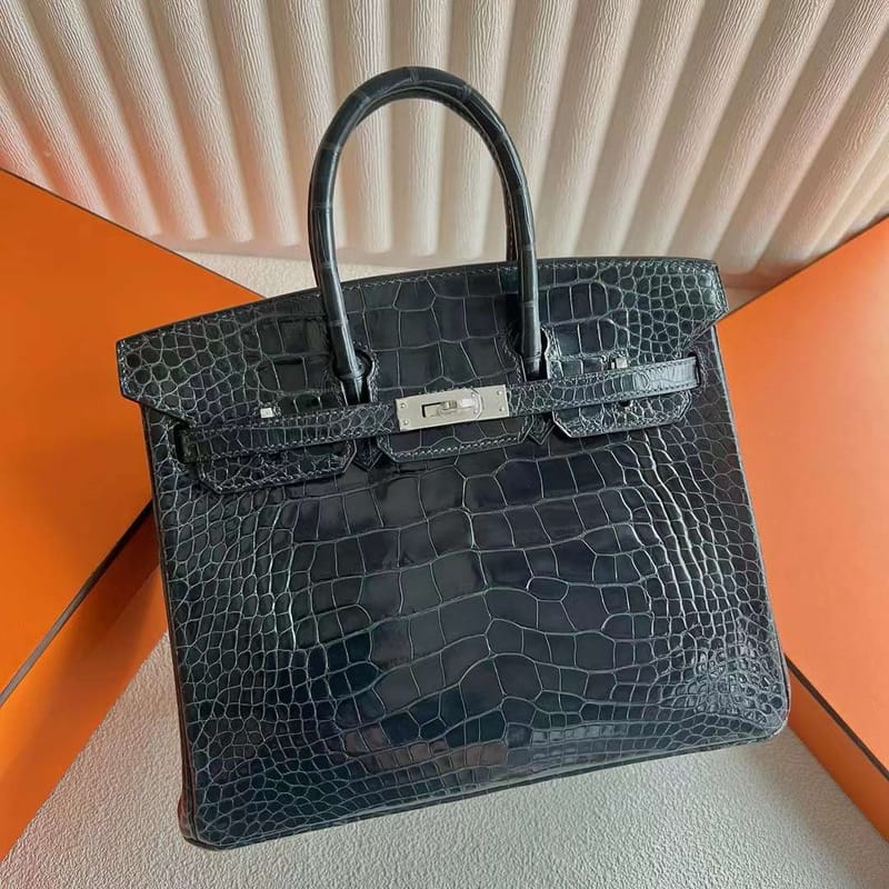 BIRKIN SHINY ALLIGATOR CROCODILE CK76 DEEP SEA BLUE SILVER HARDWARE 25CM FULL HANDMADE PHW