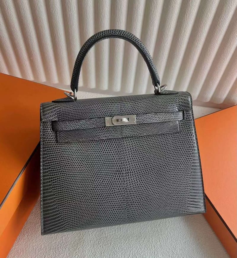 KELLY LIZARD CK84 DEEP GREY SILVER HARDWARE 25CM FULL HANDMADE PHW