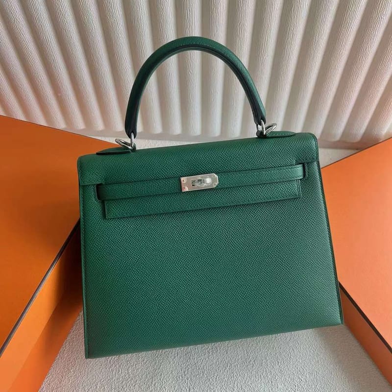 KELLY EPSOM O6 FOREST GREEN SILVER HARDWARE 25CM FULL HANDMADE PHW