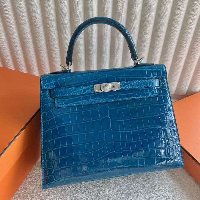KELLY SHINY NILO CROCODILE 7W IZMIR BLUE SILVER HARDWARE 25CM FULL HANDMADE PHW