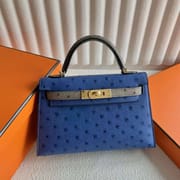 MINI KELLY KK OSTRICH I7 AZURE BLUE & CK81 TURTLEDOVE GREY SILVER HARDWARE 19CM FULL HANDMADE PHW