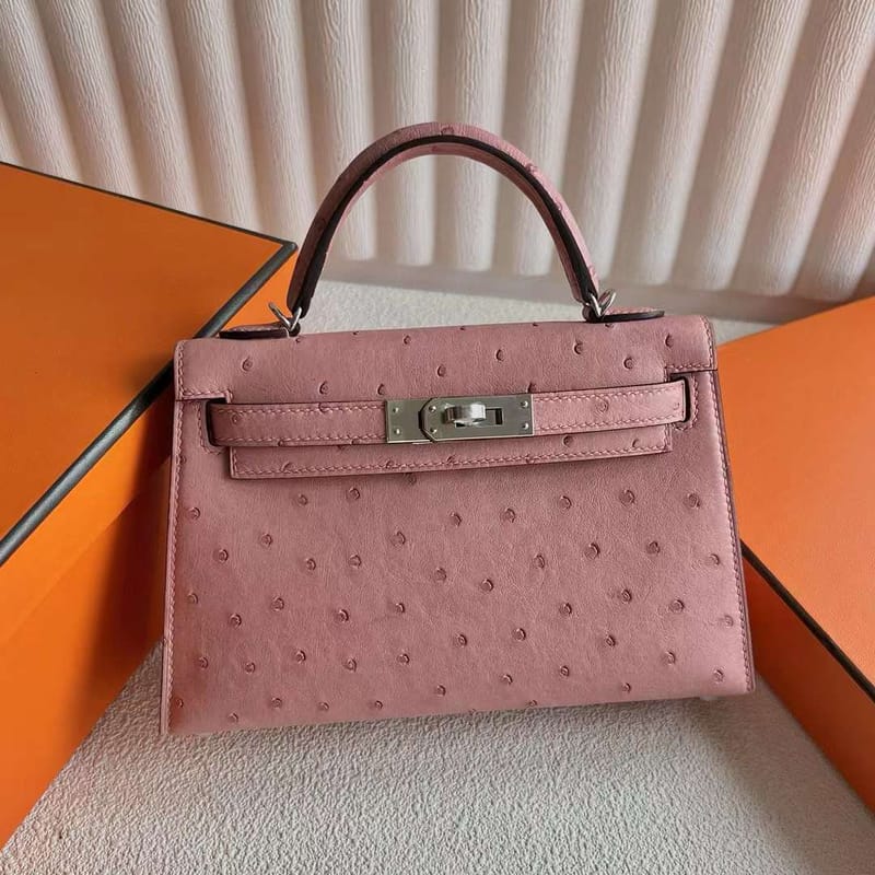 MINI KELLY KK OSTRICH CK94 DARK PINK SILVER HARDWARE 19CM FULL HANDMADE PHW