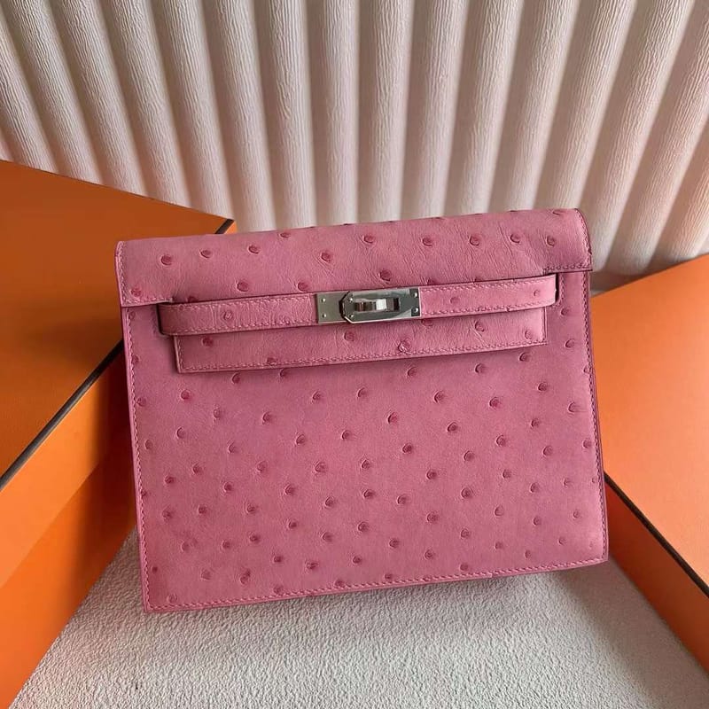 KELLY DANSE KK OSTRICH L4 PINK SILVER HARDWARE 22CM FULL HANDMADE PHW