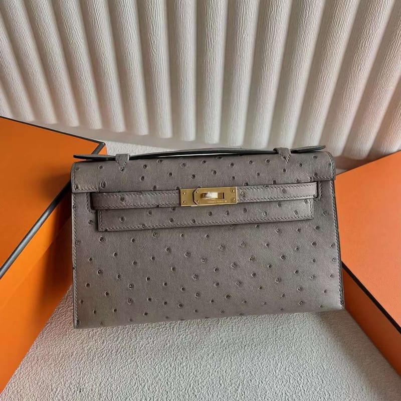 MINI KELLY POCHETTE OSTRICH CK81 TURTLEDOVE GREY GOLD HARDWARE 22CM FULL HANDMADE GHW