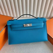 MINI KELLY POCHETTE SWIFT 0F FREDA BLUE & I2 CREAM WHITE SILVER HARDWARE 22CM FULL HANDMADE PHW