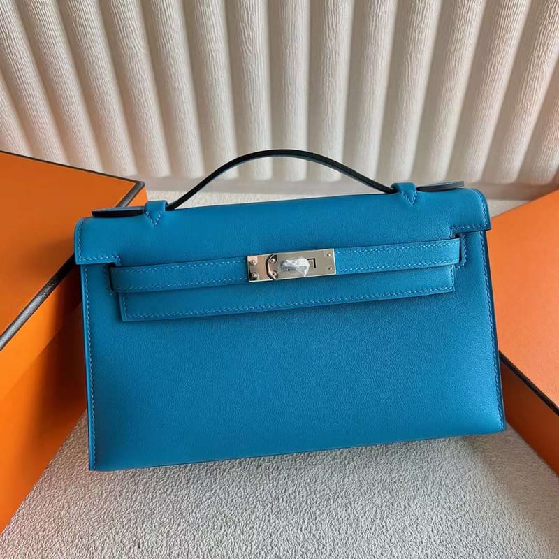MINI KELLY POCHETTE SWIFT 0F FREDA BLUE & I2 CREAM WHITE SILVER HARDWARE 22CM FULL HANDMADE PHW