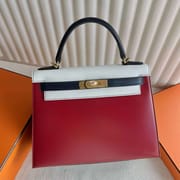 KELLY BOX CK95 FERRARI RED & 01 WHITE & CK76 DEEP BLUE GOLD HARDWARE 28CM FULL HANDMADE GHW