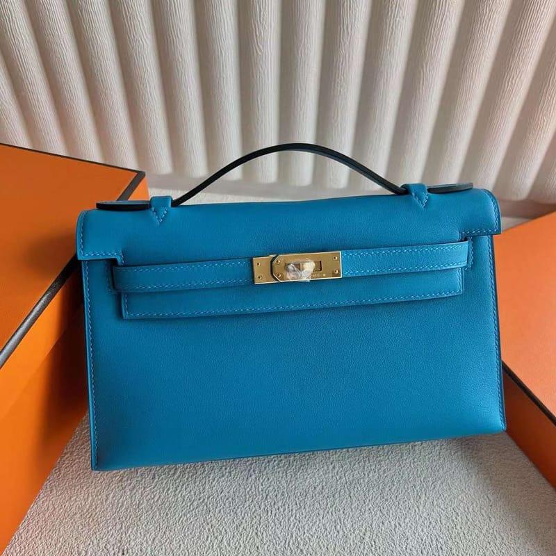 KELLY POCHETTE SWIFT 0F FREDA BLUE GOLD HARDWARE 22CM FULL HANDMADE GHW