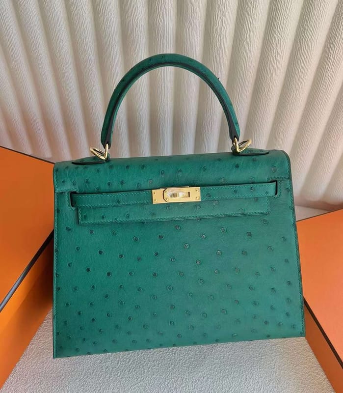 KELLY OSTRICH U4 VELVET GREEN GOLD HARDWARE 25CM FULL HANDMADE GHW