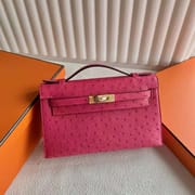 MINI KELLY POCHETTE OSTRICH E5 PEACH PINK GOLD HARDWARE 22CM FULL HANDMADE GHW