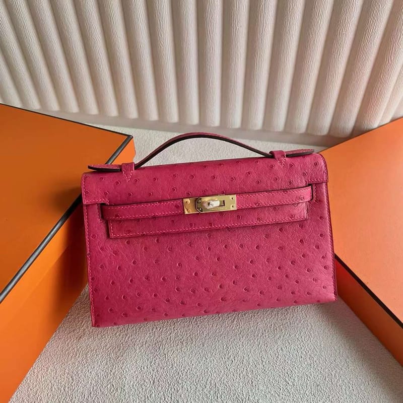 MINI KELLY POCHETTE OSTRICH E5 PEACH PINK GOLD HARDWARE 22CM FULL HANDMADE GHW