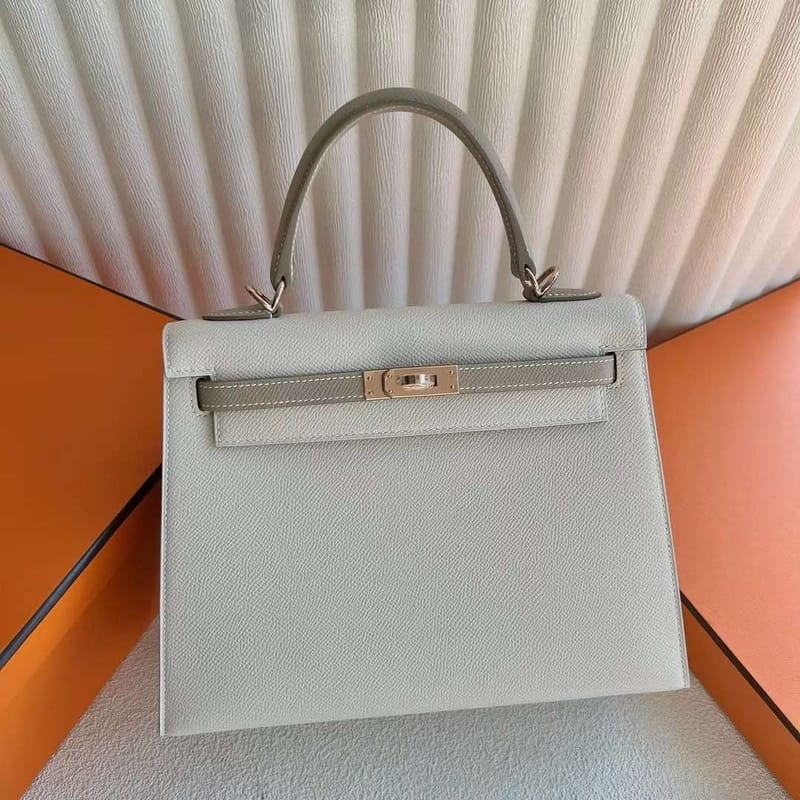 KELLY EPSOM CK10 CREAM WHITE & S2 KHAKI GREY ROSE GOLD HARDWARE 25CM FULL HANDMADE RGHW