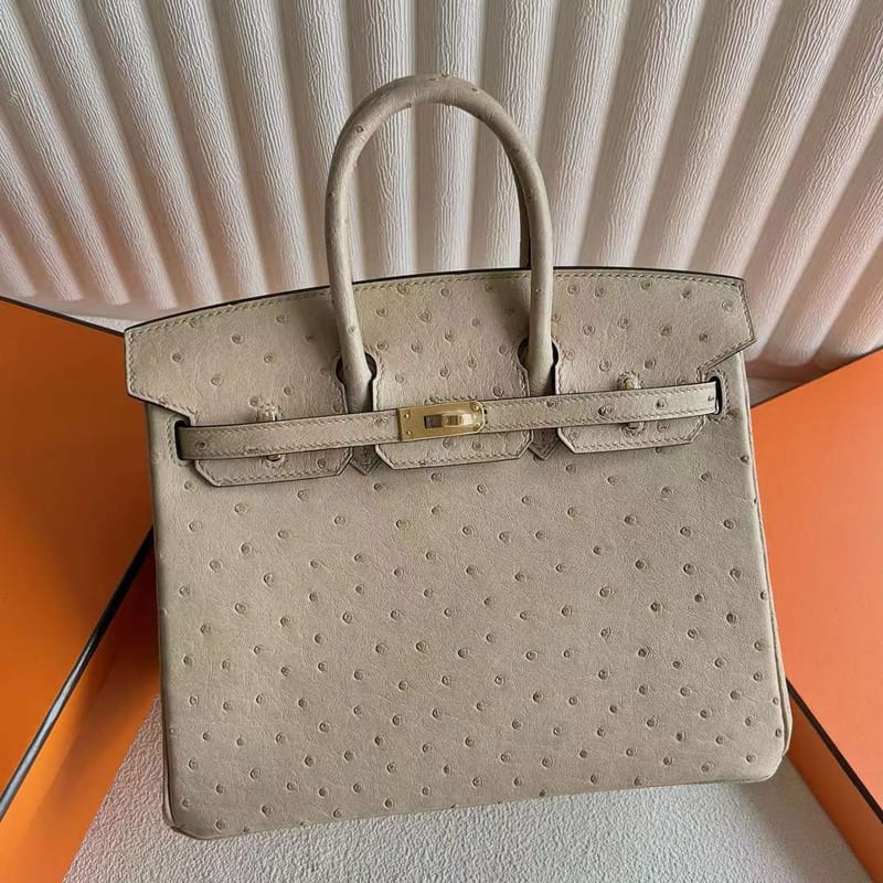 BIRKIN OSTRICH S2 LIGHT KHAKI SILVER HARDWARE 25CM FULL HANDMADE GHW
