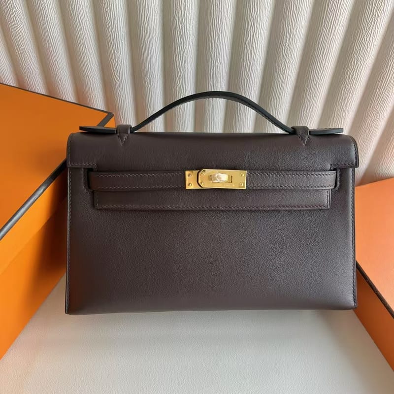 MINI KELLY POCHETTE SWIFT LEATHER CK46 EBONY GOLD HARDWARE 22CM FULL HANDMADE GHW