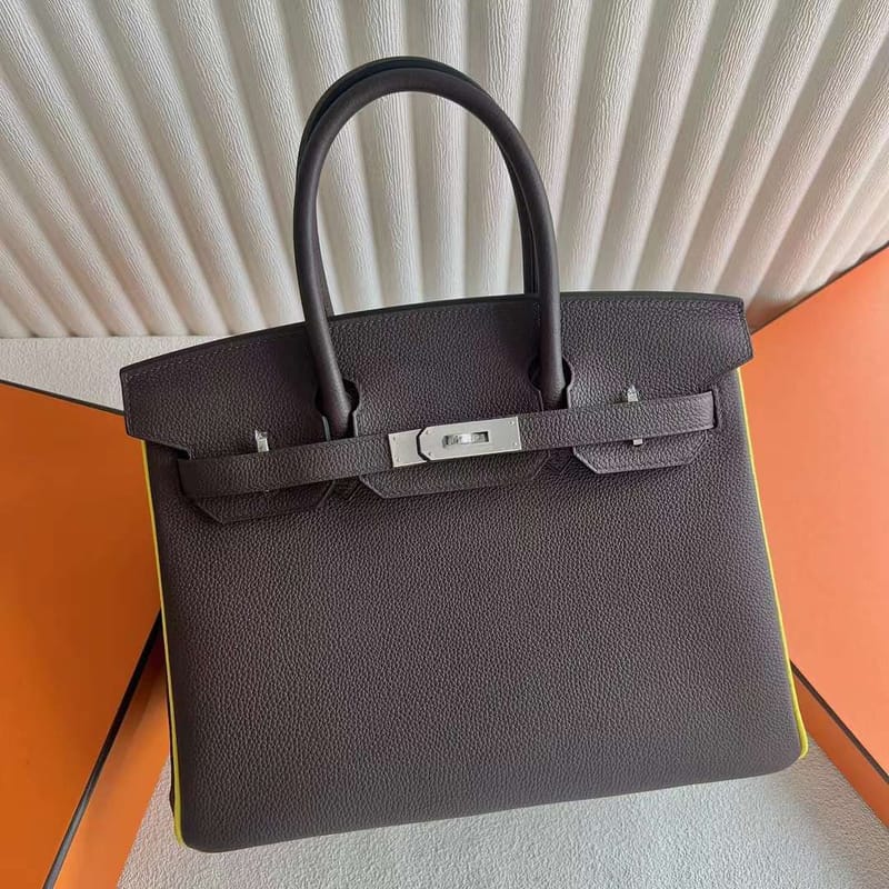 BIRKIN TOGO CK46 EBONY & 9R LEMON YELLOW SILVER HARDWARE 30CM FULL HANDMADE PHW