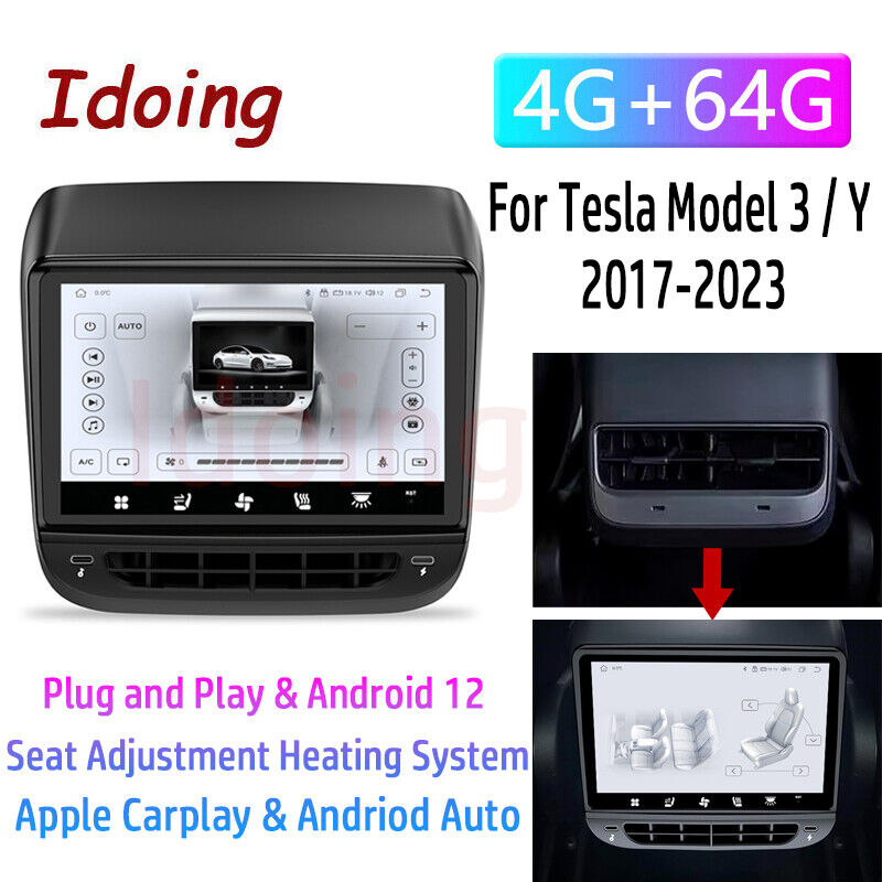 Rear Display Screen for Tesla Model 3 / Y 2017-2023 Entertainment Display Android 12 4G+64G 7.2 inch IPS Touchscreen with Air Conditioning Control Seat Heating OTA Carplay & Android Auto