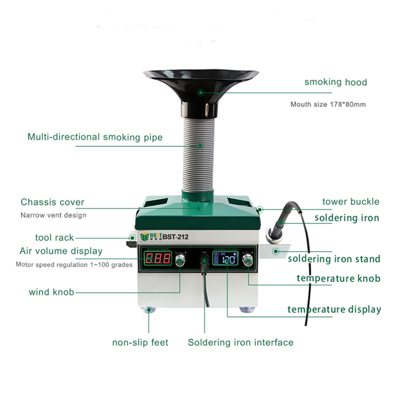 BST-212 2 in 1 Filtration Fume Extractor Smoke Absorber Electric Soldering iron Station For Mobile Phone pcb Welding Repair