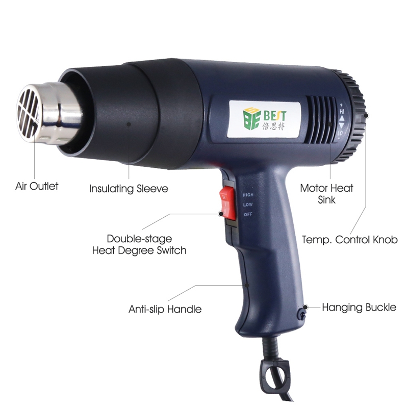 BST-8016-3A 1600W Handheld Adjustable Constant Temperature Heat Guns Hot Air Blower Anti-Slip Handle Softening Welding Material