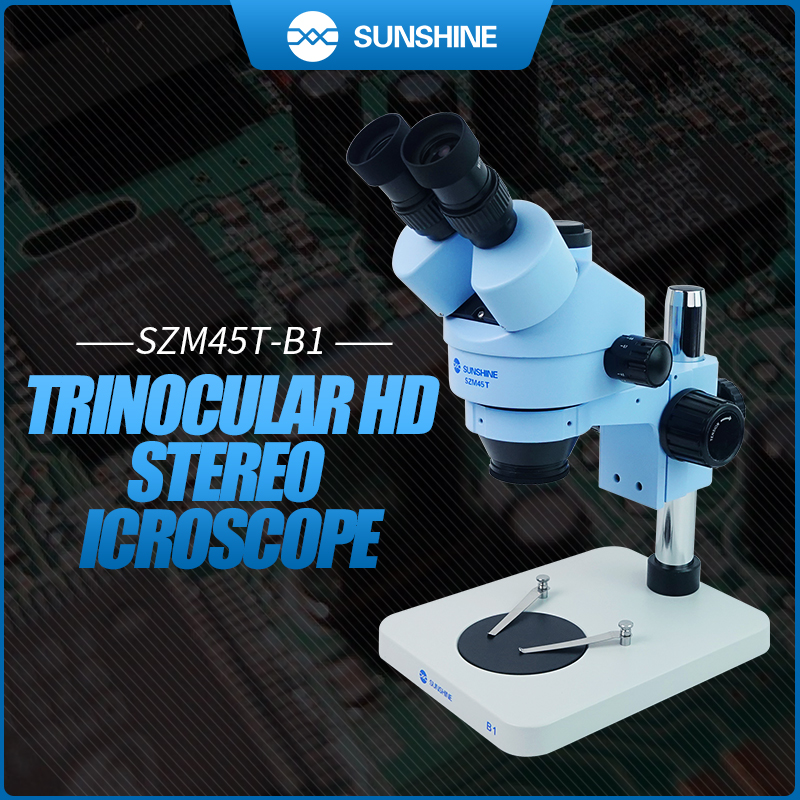 SUNSHINE Trinocular Stereo Microscope With Big Base Table Pillar Stand 7X-45X Zoom for LAB Phone PCB Tiny Repair