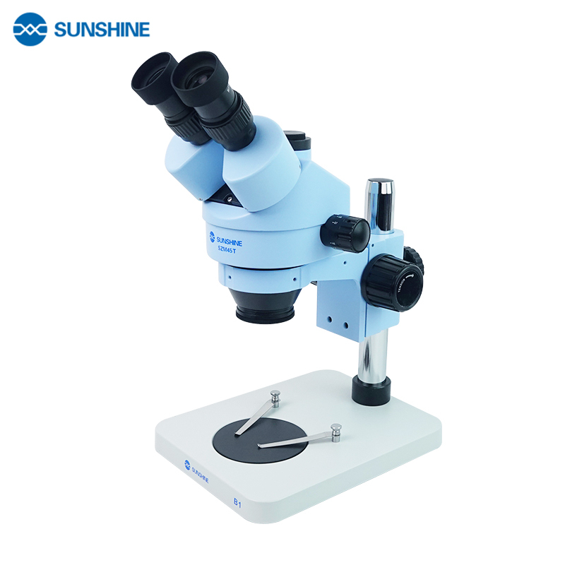 SUNSHINE Trinocular Stereo Microscope With Big Base Table Pillar Stand 7X-45X Zoom for LAB Phone PCB Tiny Repair