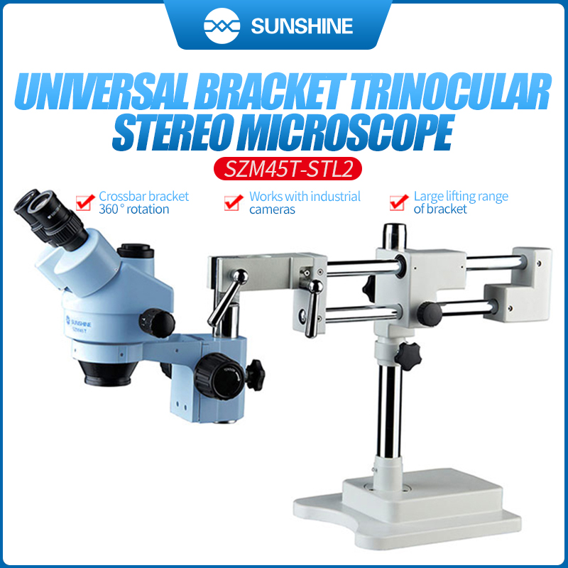 SUNSHINE Trinocular HD Stereo Microscope 7X-45X Zoom Universal Stand Bracket Microscope for Lab Phone PCB Motherboard Repair