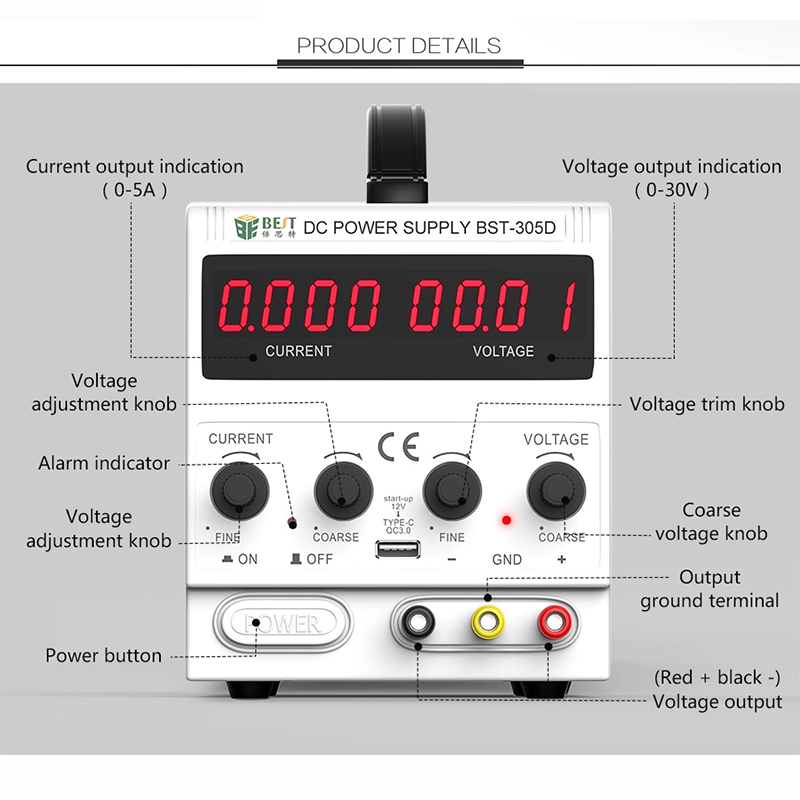 BEST 305D 30V 5A DC Power Supply High Precision Digital Display Switching Laboratory Power Supply Phone Repair Voltage Regulator