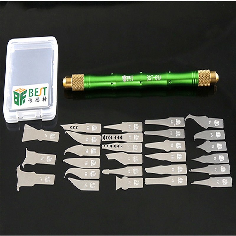 BST-69A Stainless Steel Craft Cutting Pry Knife with 27 Blades CPU BGA IC Chip Glue Removal Tool for Phone Motherboard Repair