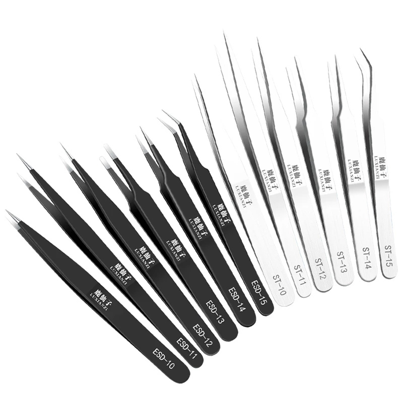 LUXIANZI 1pcs Anti-static ESD Stainless Steel Tweezers Industrial Precision Curved Straight Tweezers Repair Tools