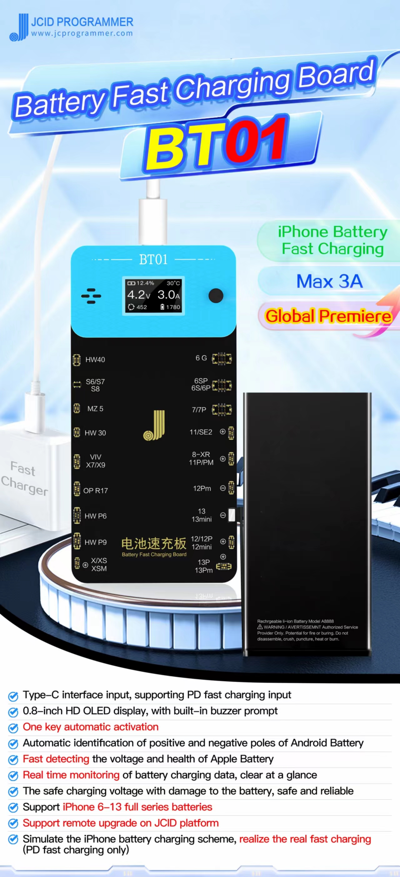 JC BT01 Battery Activation Board Battery Fast Charging for iPhone 6G-13 Pro Max/Android One-Click Activation Detection