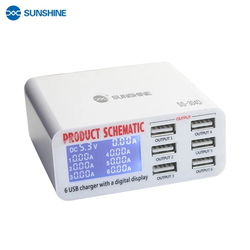Sunshine SS-304D Universal 6 Ports USB Quick Charger 5V 6A Digital Display Fast Charger for iPhone iPad Electronic Product