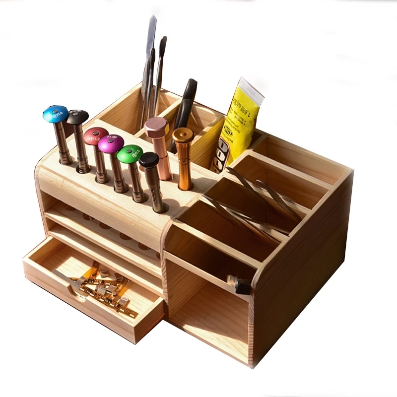 ToolGuide Wooden Storage Box Desktop Organizer Tweezer Screwdriver Tool Parts Box for Multifunction Mobile Phone Repair Holder